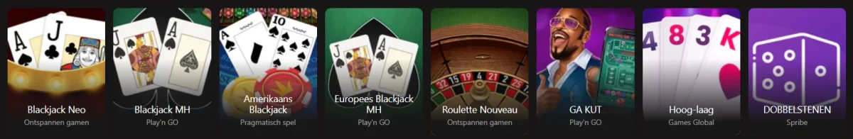 Klassieke tafelspellen bij Betninja casino waaronder blackjack en roulette